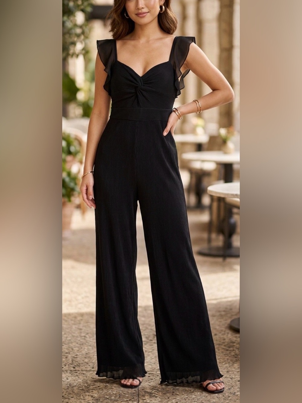 ASTR The Label, Black Wide-Leg Jumpsuit with Ruffle Sleeves from Anthropologie